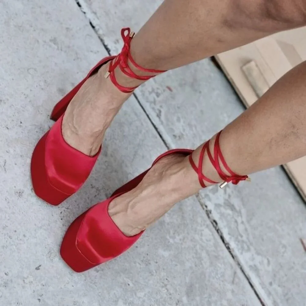 Womens Satin Platform Chunky Lace Up Heels Red Color